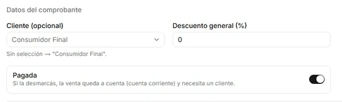 StockIt: carga de una venta con cliente, descuento general y si quedó pagada o a cuenta corriente.