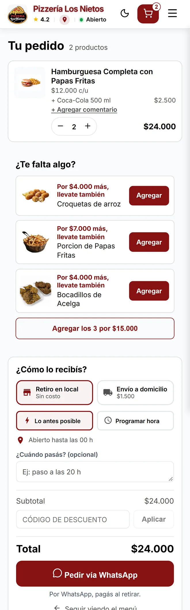 Carrito de la tienda online de Pizzería Los Nietos, hecha con Fastore: hamburguesa con una gaseosa de adicional, sugeridos para sumar al pedido y retiro o envío.
