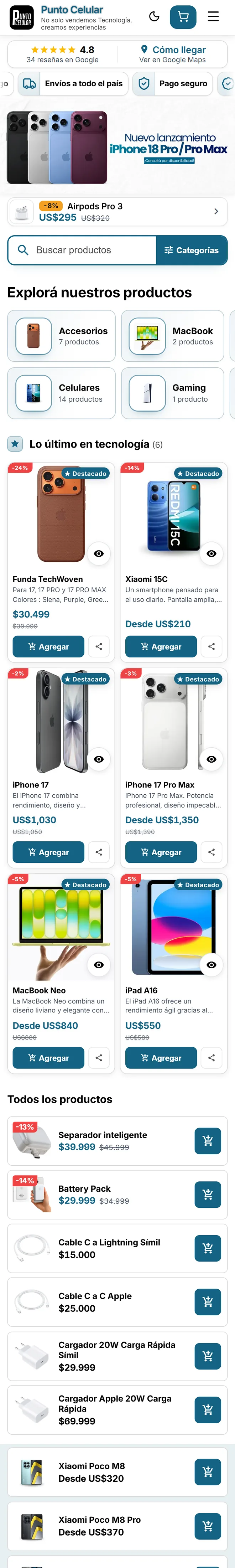 Tienda online de Punto Celular, hecha con Fastore: portada con lanzamientos, categorías con foto y productos con precio.
