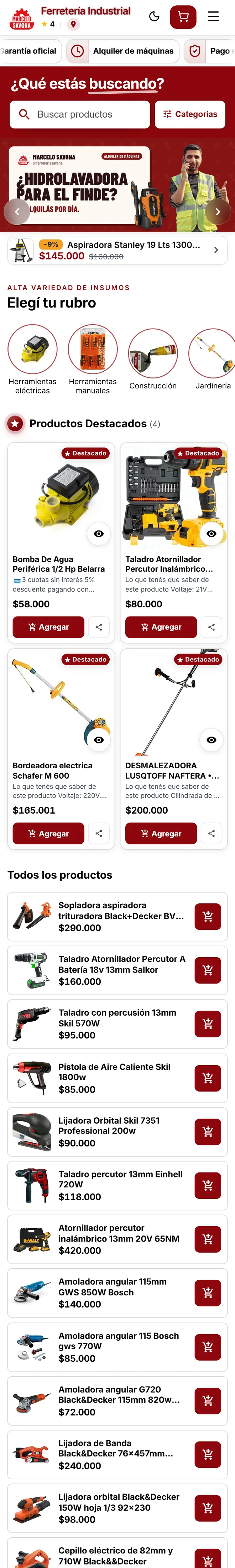 Tienda online de Ferretería Industrial Marcelo Savona, hecha con Fastore: banners con promos, rubros con foto, productos destacados y catálogo con precios.