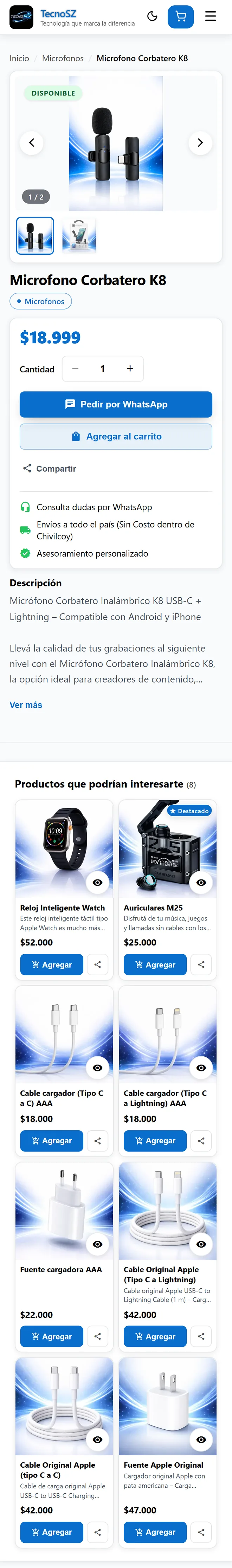 Ficha de producto en la tienda online de TecnoSZ, hecha con Fastore: micrófono corbatero con fotos, pedido por WhatsApp y productos recomendados.